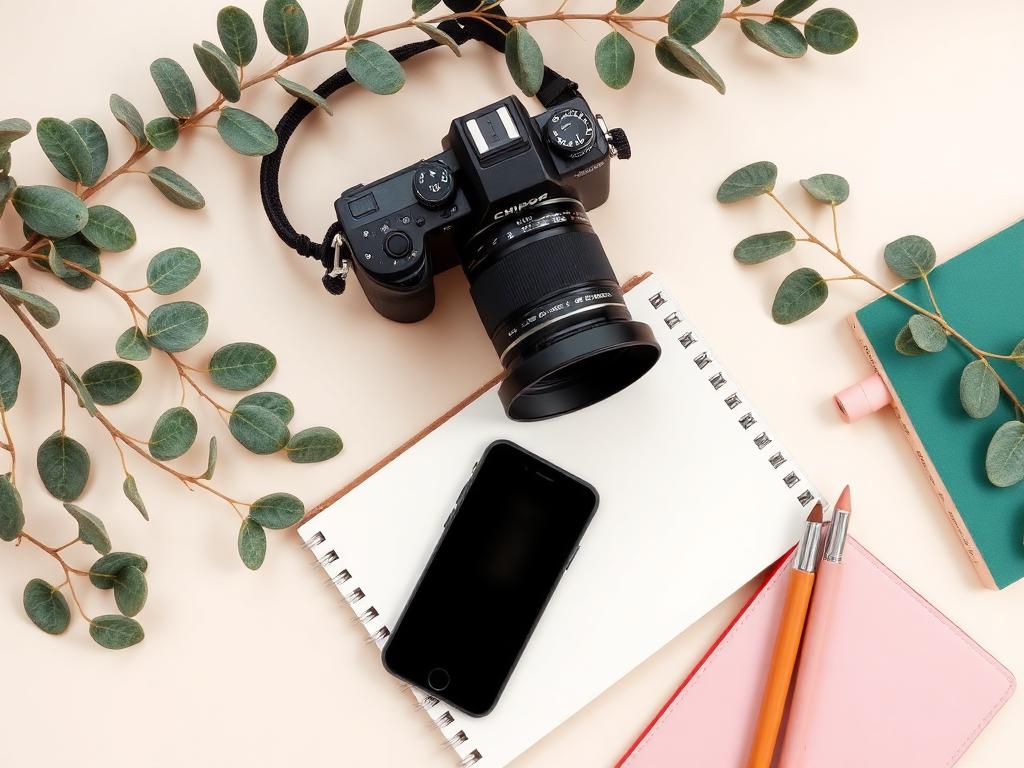 Flat lay of a camera, smartphone, notebook and art supplies