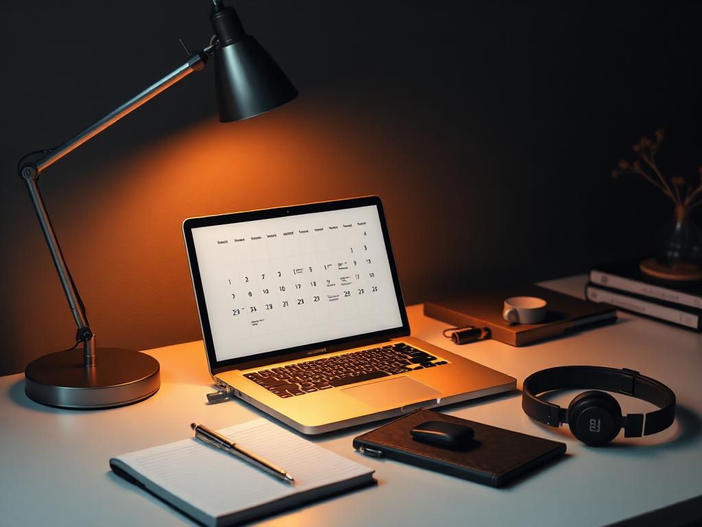 Laptop on a desk with lamp, headphones and notebook